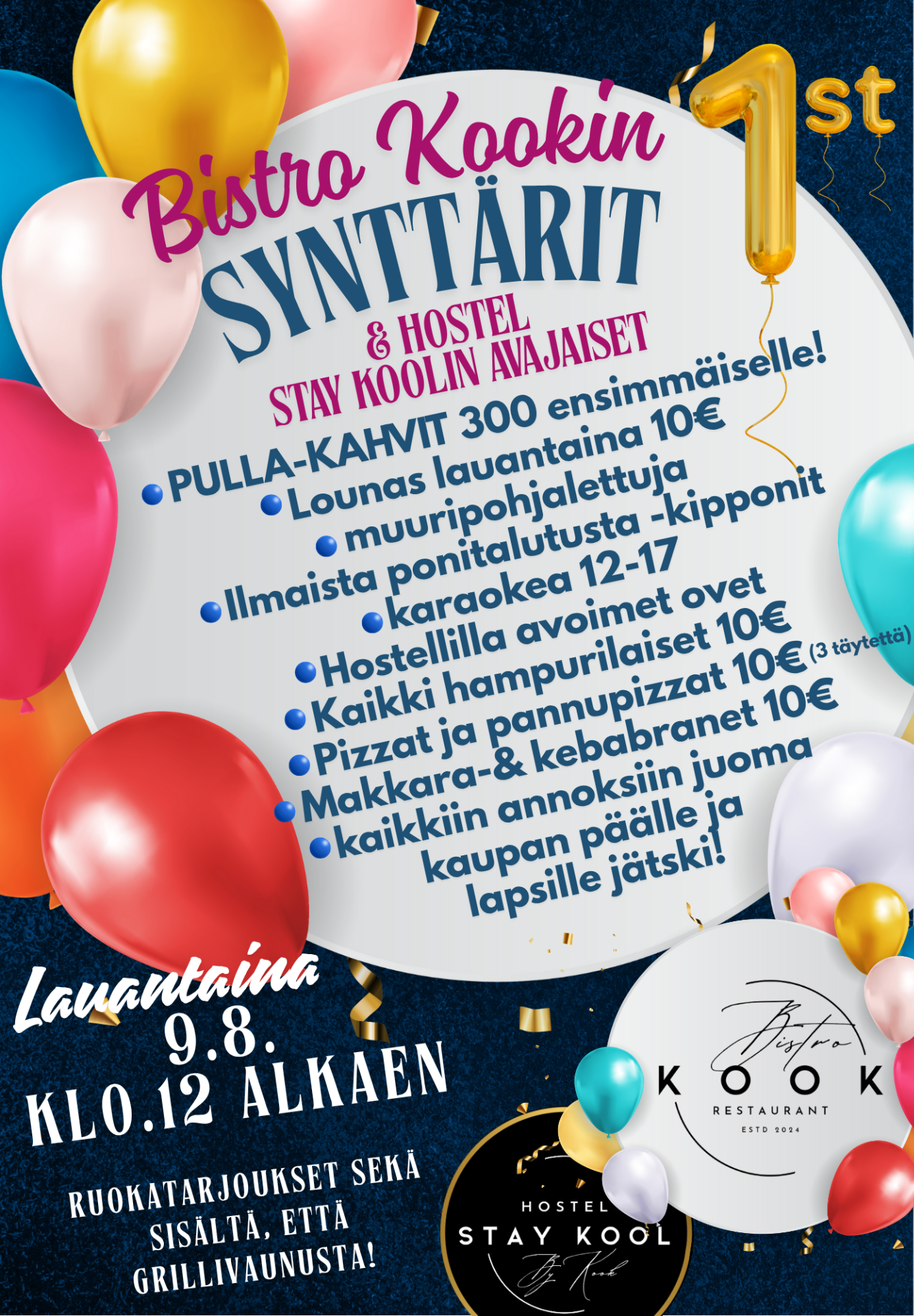 KooKin synttärit tulevana lauantaina! Paljon mukavaa häppeninkiä, ruokatarjouksia ja pulla-kahvitarjoilu 300 ensimmäiselle!